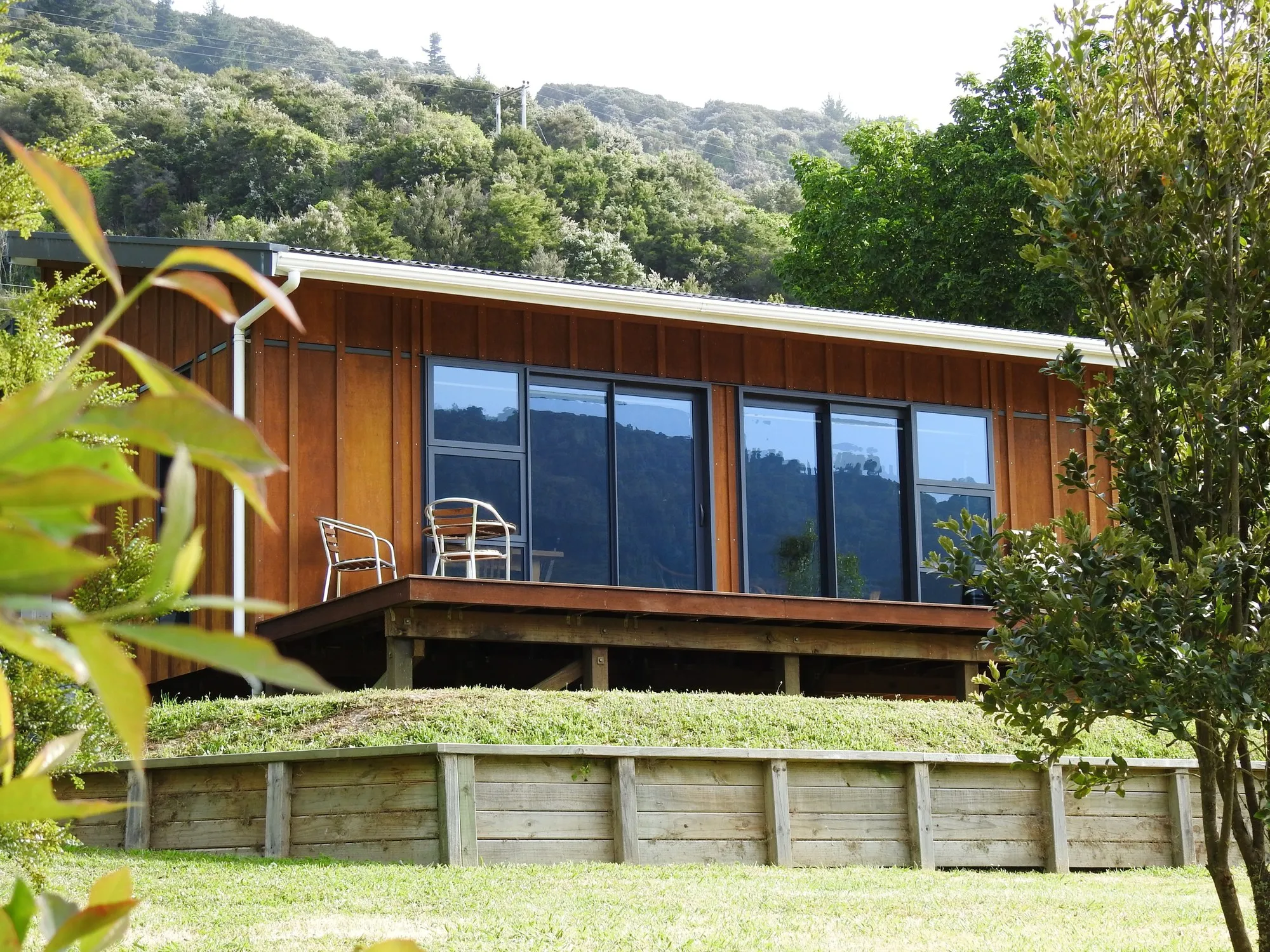 The hand-built timber cabin nestled into the native bush, glass and timber catching the light