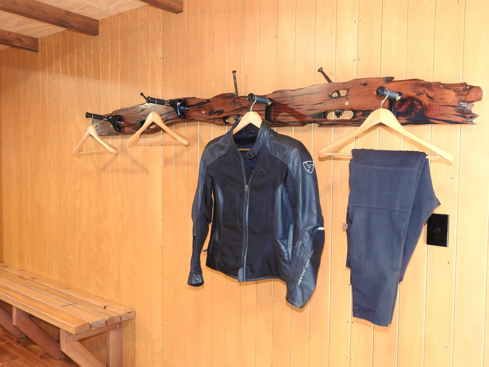 Heavy-duty hangers in the King room for drying riding leathers and wet-weather gear