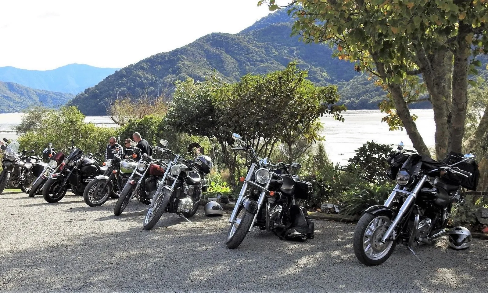 A row of touring motorcycles parked on the lawn at The Milestone, the water and bush hills of the Sound behind